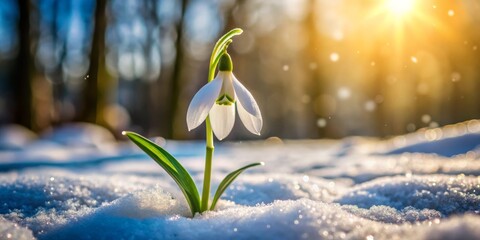 Snowdrop Flower Emerging from Winter Snow, Sunshine, Spring, Snowdrop, Springtime, Winter