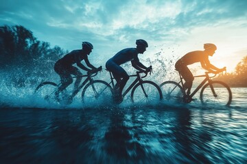 Dynamic triathlon action featuring swimming, cycling, and running at dusk