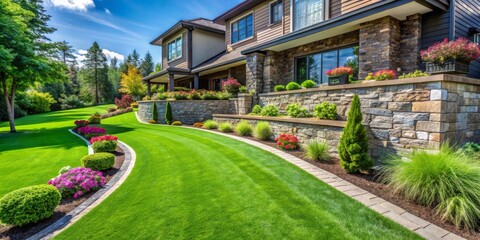 Stone Wall and Lush Green Lawn of a Luxury Home, landscaping, lawn care, home design