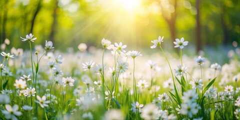 Fototapeta premium Sunlight Through White Wildflowers, Spring Meadow, Nature, Photography, Floral ,spring , wildflowers