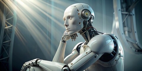 Fototapeta premium The Thoughtful Machine A Digital Portrait of a White, Articulated Robot in a Contemplative Pose, AI, Robotics, Future