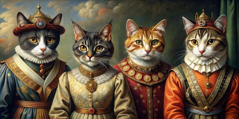 The Royal Feline Court A Portrait of Three Cats in Regal Attire, Oil on Canvas, Renaissance Style, Cat Portrait, Royalty, Pets