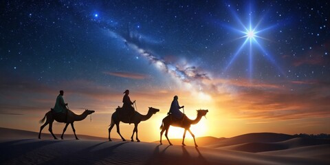 Three Wise Men Following the Star of Bethlehem, digital art, desert sunset, silhouette, three camels, star, journey