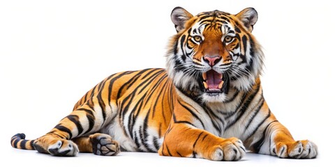 Obraz premium Tiger with Open Mouth, Close-up of a Tiger with Open Mouth Lying Down on White Background, Photograph, Tiger, Wild, Predator