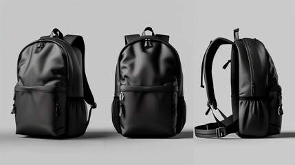 Realistic mockups of a versatile black backpack showcasing multiple angles and views