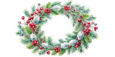 Watercolor Christmas Wreath with Snow and Red Berries, Watercolor, Christmas Wreath, Holiday Decoration, Winter