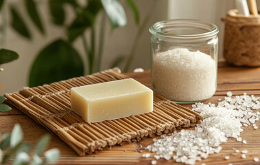 Natural soap bar on bamboo mat with sea salt in a jar, creating an eco-friendly bathroom ambiance. Concept Ecofriendly, Sustainable, Zero Waste, Soap Bar