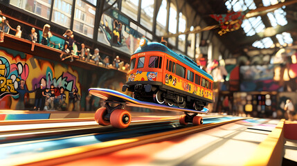 Obraz premium A Whimsical and Surreal Scene of a Train Daringly Riding a Colorfully Designed Skateboard in an Urban Setting