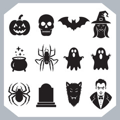 Obraz premium Set of logotype different type of black simple Halloween vector illustration silhouettes in white background, collection of Halloween silhouettes