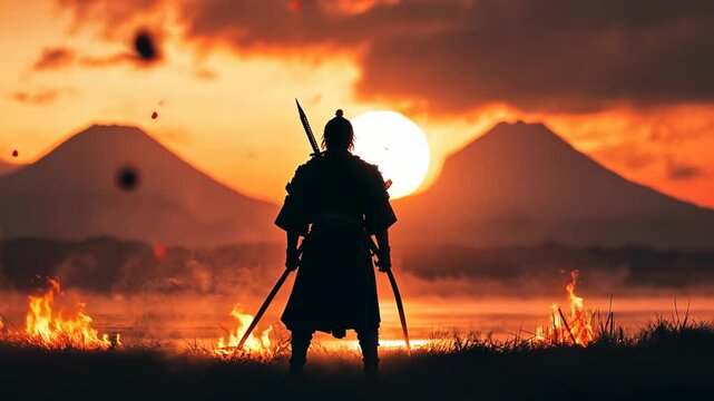 A lone samurai stands against a fiery sunset, his silhouette stark against the mountains and burning landscape