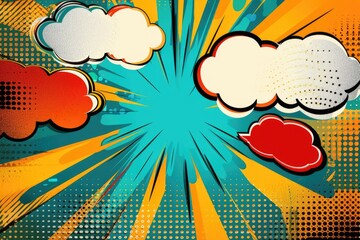 Cloudy skies with vibrant sunbeams on a comic-inspired backdrop