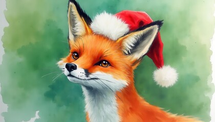 Obraz premium Photorealistic masterpiece fox with Christmas cap on a right side of a green color background looking in camera, only top of body, detailed