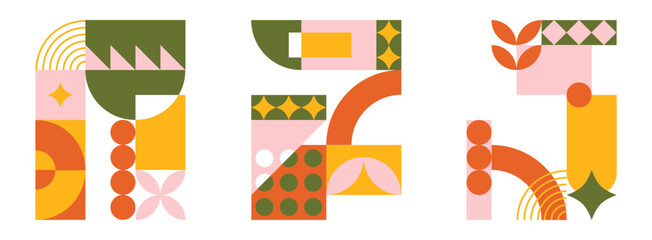  Set of geometric pink and orange poster, bauhaus shapes pattern, bauhaus abstract collection of backgrounds, modern geometry trendy design poster