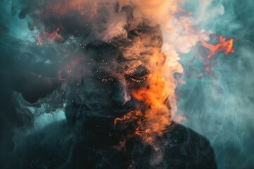 Fototapeta premium A person surrounded by smoke in a black shirt, potentially in a dramatic or intense situation