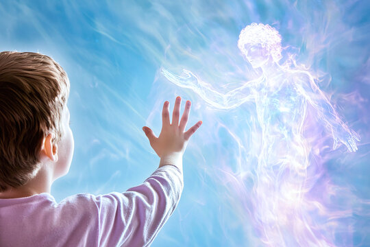a kid reaching out towards a shimmering, translucent figure that seems just beyond grasp, symbolizing the yearning for the unattainable