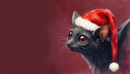Photorealistic masterpiece bat with Christmas cap on a right side of a burgundy color background looking in camera, only top of body, detailed
