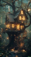 Fototapeta premium Glowing treehouse mystical forest canopy enchanting lighting whimsical design dreamlike. AI generated