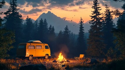 A yellow van is parked in a forest clearing with a campfire burning in front of it