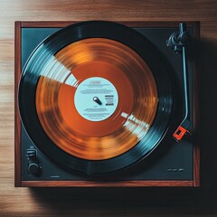 Turntable with Vinyl Record, Orange and Black, Wooden Base