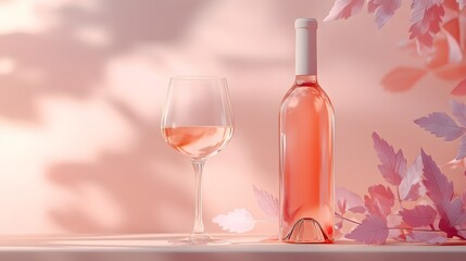 Elegant pink wine bottle and glass with soft light and pink leaves on a pastel background