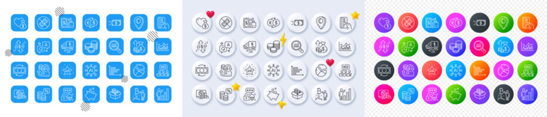 Dollar rate, Cyber attack and Vip star line icons. Square, Gradient, Pin 3d buttons. AI, QA and map pin icons. Pack of Cash transit, Online shopping, Inflation icon. Vector