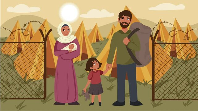 2d cartoon loop animation depicts a family of mother, father, and their small children standing together, with refugee camp tents in the background. Humanitarian crises, displacement, war concepts.