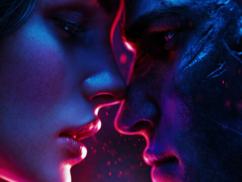 Boy and girl with neon lighting, intense mood, showcasing passionate connection and vibrant colors