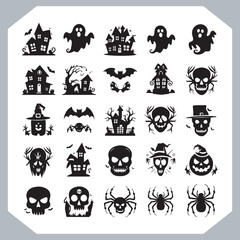 Obraz premium Set of logotype different type of black simple Halloween vector illustration silhouettes in white background, collection of Halloween silhouettes