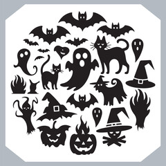 Set of logotype different type of black simple Halloween vector illustration silhouettes in white background, collection of Halloween silhouettes