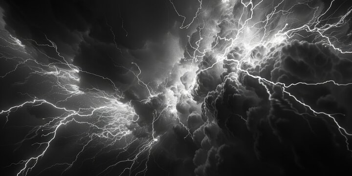 A black and white photo of a lightning storm with dark clouds and flashes of lightning