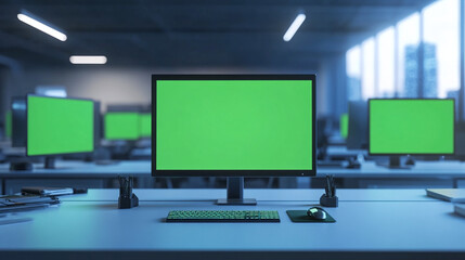 Fototapeta premium 3d realistic render of computer monitors with green screen in office chroma key stack of screens in modern work office with sunlight lighting indoor real atmosphere