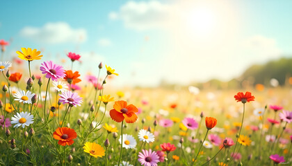 Colorful wildflower field under blue sky, vibrant mood, sunny landscape, cheerful atmosphere, copy space