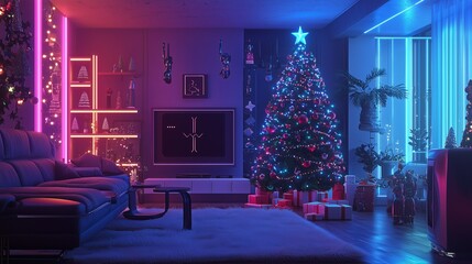 A cozy living room with a beautifully decorated christmas tree and vibrant neon lights, evoking a festive and modern holiday ambiance.