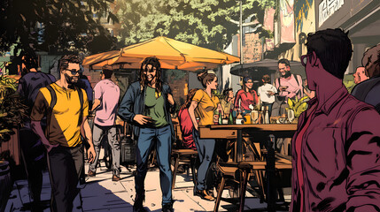 A Vibrant Community Gathering with People Engaged in Conversations Around a Large Outdoor Table