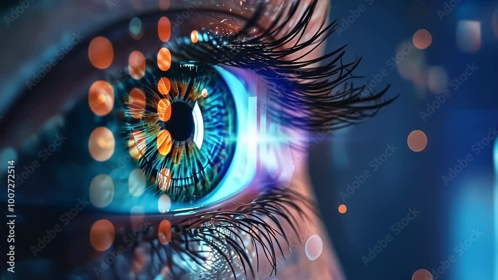 Wall mural close up of a woman eye with overlaying computer code, suggesting concepts of cybersecurity, data pr