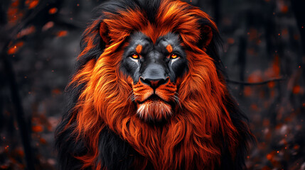 Naklejka premium Majestic lion with fiery orange mane in a dark forest, creating a striking contrast during twilight hours