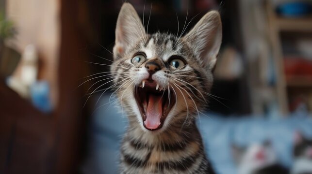 Humorous image of an angry yet surprised cat with an excited expression on a transparent background