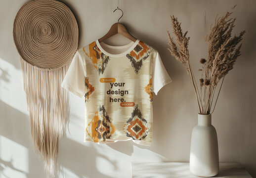 Hanging T-Shirt Mockup in Minimalist Autumn Decor with Generative AI