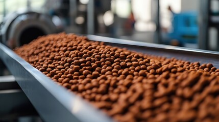 Fototapeta premium Conveyor belt in a factory showcasing the production of dry pet food pellets.