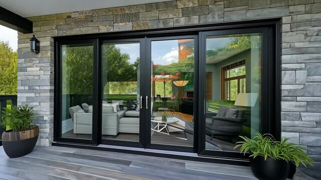 A modern patio door with black frames is open, revealing a glimpse of the interior of the house