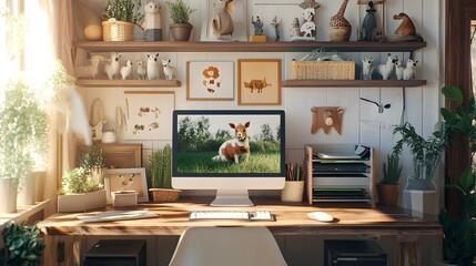 Fototapeta premium Creating a Delightfully Whimsical Workspace with Mock Farm Animals on a Decorated Computer Desk