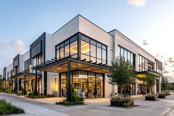 a modern mixed-use building exterior with retail spaces on the ground floor and office windows above, featuring a stylish canopy