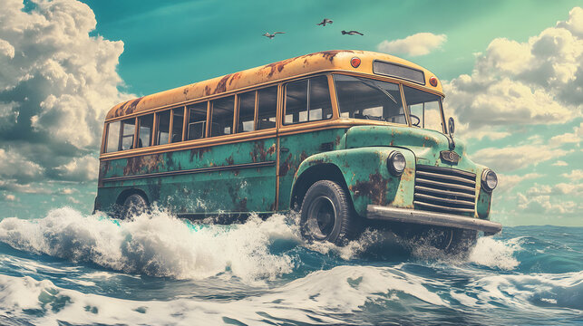 A Whimsical Scene of an Old-Fashioned Bus Moving Gracefully Over Rolling Waves