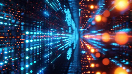 Naklejka premium A dimly lit room filled with colorful blue and orange lights, ideal for creative concepts or mood settings