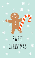 Sweet Christmas Card with Gingerbread Man and Candy Cane