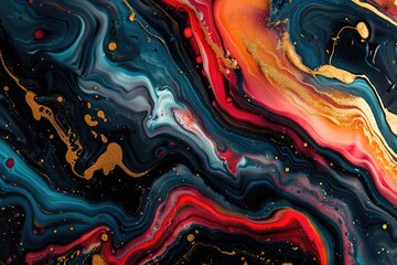 Colorful marble fluid art painting with black  gold  red  blue swirls.