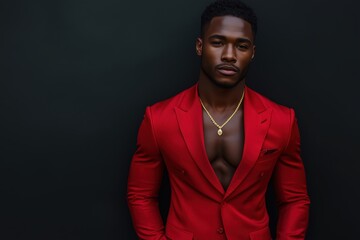 Obraz premium Full-body portrait of a handsome black man in a bright red suit on a dark background