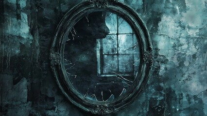 Description: A shadowy figure is reflected in a cracked mirror, framed by an eerie, dark room with peeling walls and a faint window in the background.