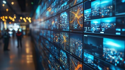 Surveillance monitoring setup displaying multiple city views in a modern control room environment