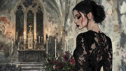 Description: A darkly elegant woman in a lace dress stands in a gothic setting, surrounded by candles and a somber atmosphere.